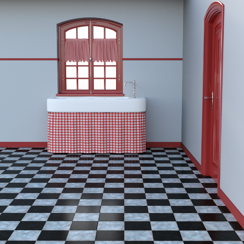 A kitchen with a checkered floor pattern. Checkered floor